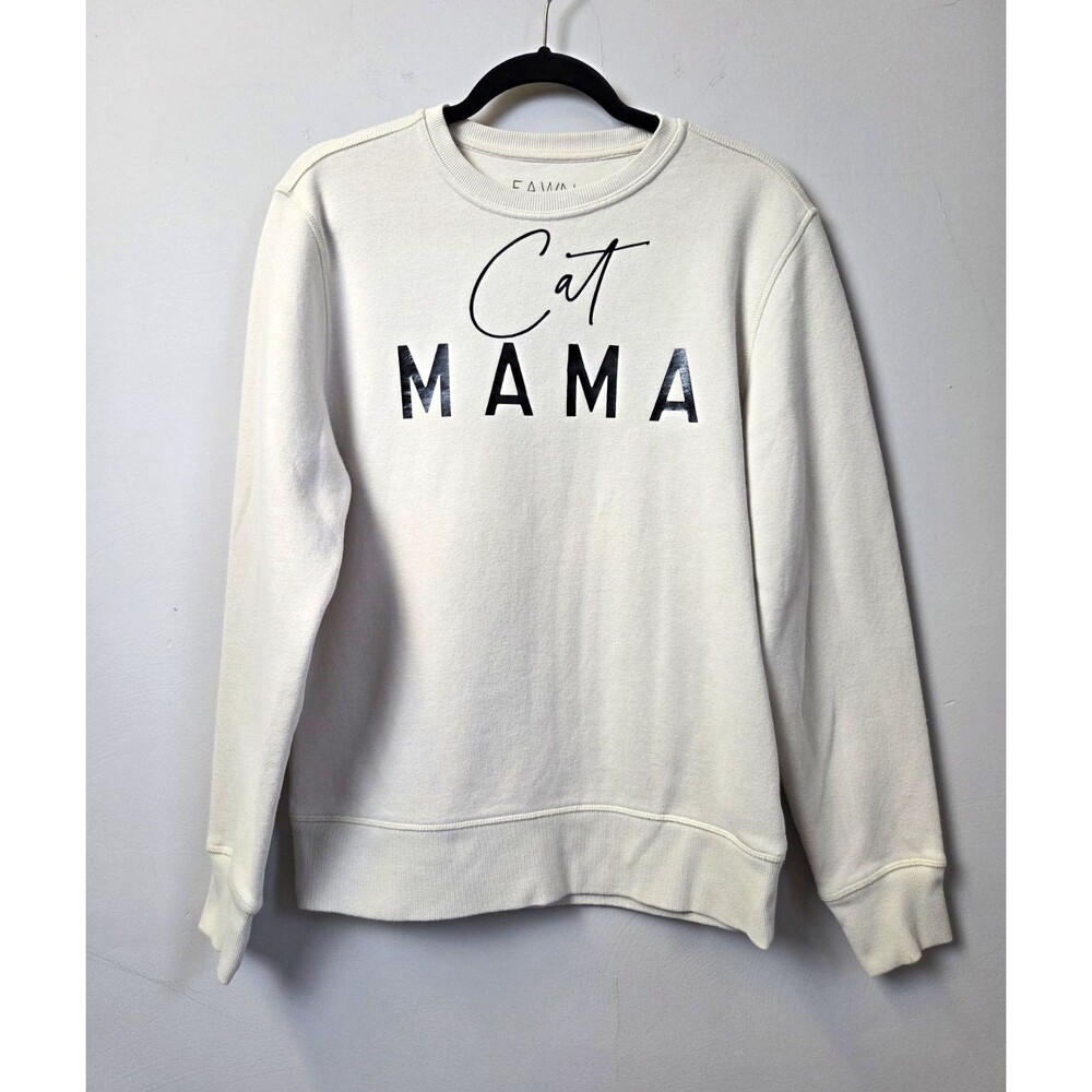 FAWN Women’s Cat Mama Graphic Crew Neck Fleece Pullover Sweatshirt Ivory S